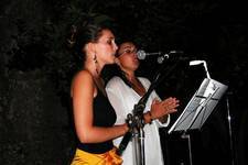 Erifili Onesti (soprano), left, and Sophia Kapetanakou (mezzo) at the open-air concert “Songs from the Theatre” , Old Mylopotamos Square, 17 August 2003.
<i>Photo by John Stathatos</i>