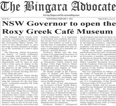 NSW Governor to open the Roxy Greek Café Museum - Bingara Advocte Weds Feb 5 2014 NSW Gov to open Roxy Museum 2