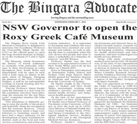 NSW Governor to open the Roxy Greek Café Museum - Bingara Advocte Weds Feb 5 2014 NSW Gov to open Roxy Museum 2