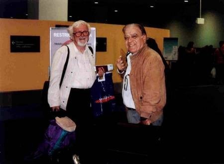 Professor Nikos Petrochilos and John Papadopoulos. One last book back to Australia - before boarding their plane, to return to Athens. 