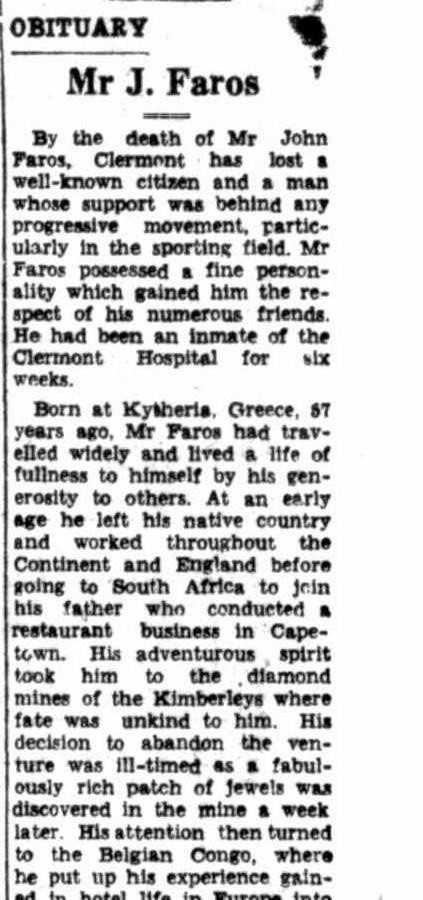 John Faros (1893-1950) Obituary - Central Queensland Herald, 20 July 1950 