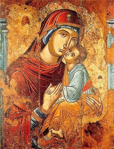 Byzantine Art Collection - Livadi - Church of the Ascension - Icon of Panaghia with Christ. Portable icon from the Castle of Mylopotamos