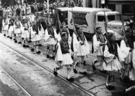 Soldiers in Greek national dress marching in Brisbane, ca. 1941. 