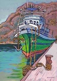 Diakofti. Ship in harbour. Painting. 