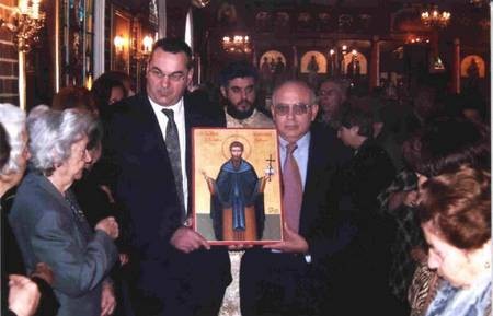 The icon of Ayios Theothoros, patron saint of Kythera, being carried around the church. 2005. - Ayios Haralambos being carried