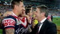 Nick Politis congratulates half back Mitchell Pearce after the 2013 Grand Final win 