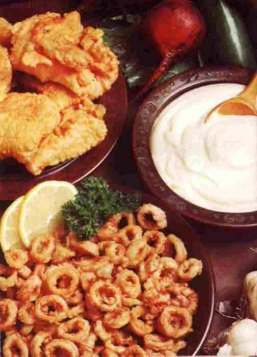 Miscellaneous Fried cod and squid. From Tess Mallos