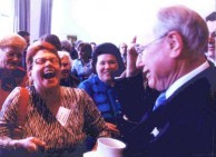 Ms Jenkins, laughing during an animated conversation with Prime Minister of Australia, John Howard. 