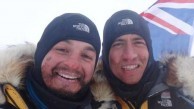 Adventurers James Castrission and Justin Jones at the finish line of the world's first unassisted 2200km trek to the South Pole and back 