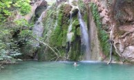 Jemima swimming at the second waterfall down from Mylopotamos 