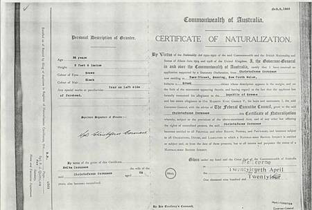 Naturalisation Certificate of Chris Coroneos (Christiforos Dimitriou Koroneos) and Melba Comino (Melpomeni Kosma Komino). 24th April, 1925. 