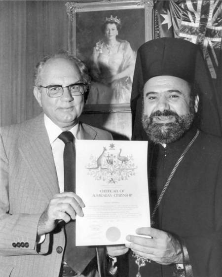 The Greek Orthodox Primate receiving his naturalisation certificate in 1979. - Greek Orthodox Primate receiving Naturaliasation