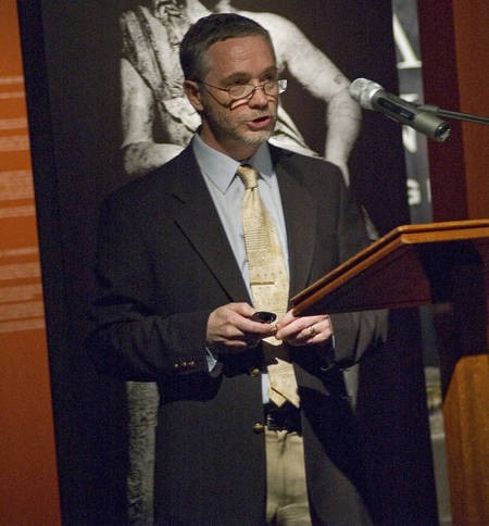 Professor Robert Hannah, really warming up, during his lecture - Robert Hannah, Antikythera mechanism Lecture