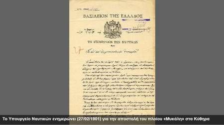 Archaeological Museum. Exhibition of artefacts from the Antikythera shipwreck. - Naval Cerificate 27-02-1901 for the ship Mikali on Kythera