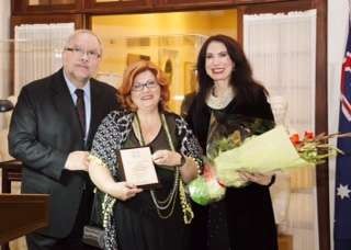Dr Maria Hill speaks and is presented with an Award - Lemnos presentation with Greek Ambassador and Mrs Dafaranos