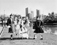 Greek-Australians model their national dress on the banks of the Yarra River, Melbourne, 1981. 