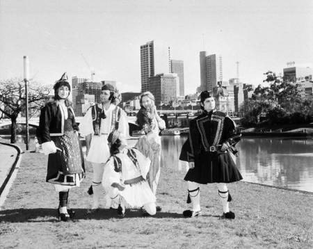 Greek-Australians model their national dress on the banks of the Yarra River, Melbourne, 1981. 