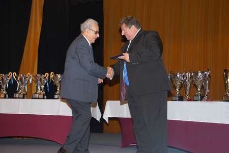 Receiving an award at the 40th anniversary celebration for the Albury City Soccer Club 